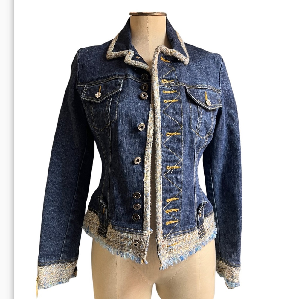 Women’s Cache Denim Jacket, Button Up Jean Jacket with Tweed 1990’s